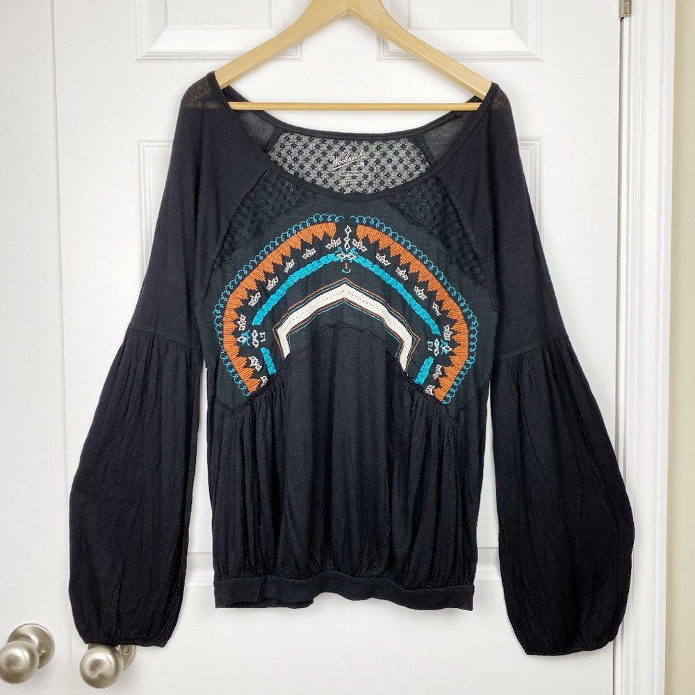 Woolrich, NWOT, Womens Blouse Black Long Sleeve Embroider, Medium